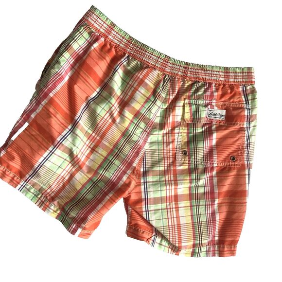 Vintage 90s Polo Ralph Lauren Swim Trunks Men M 32 Orange Plaid Pocket Net Liner - Picture 2 of 12